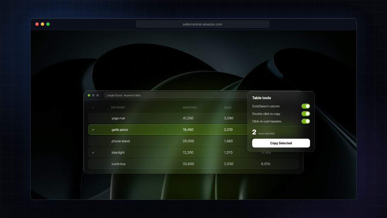 Illustrated keyword research table with an added Sold/Search column and a row selection toolbar