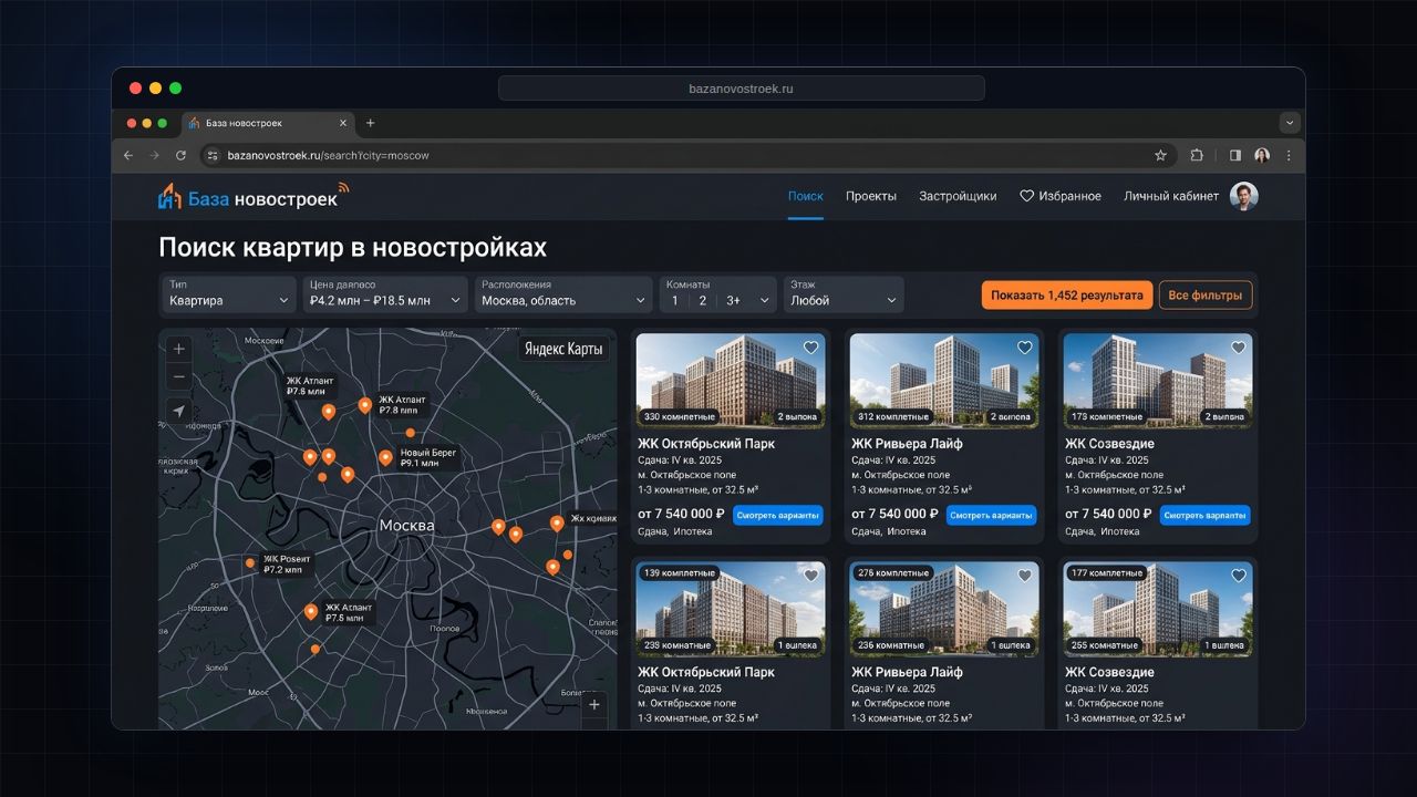 Listing search mockup: new-build complexes with district, handover date and price, beside a filter panel