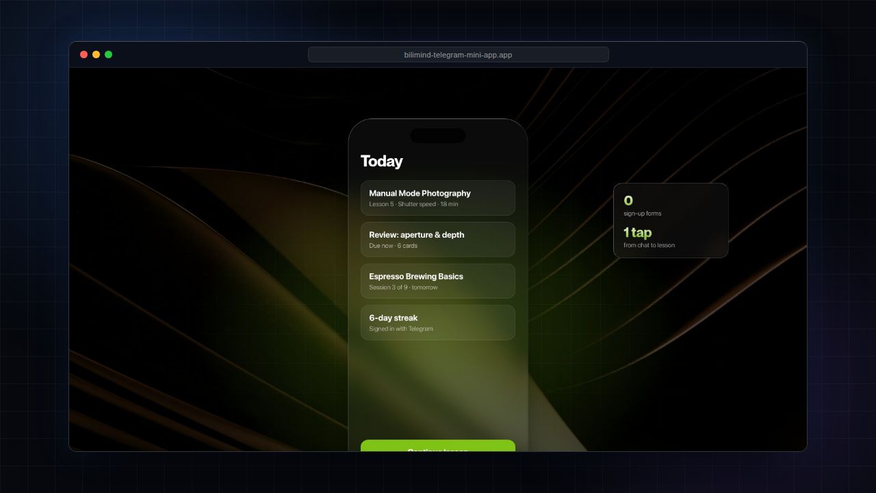 Phone mock-up of the BiliMind Mini App showing today's lessons, a due review and a continue button