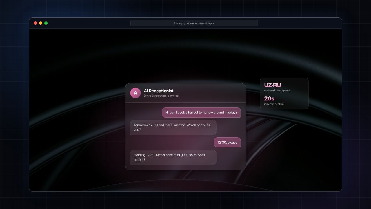 Call transcript of the AI receptionist holding a haircut slot at a demo barbershop