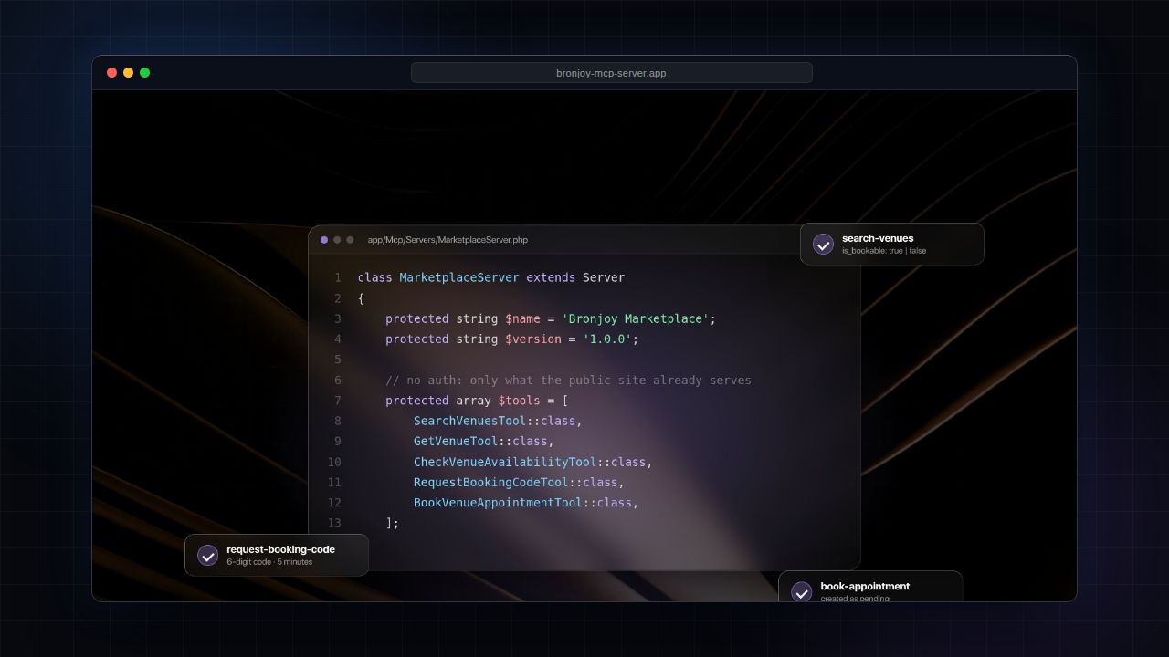 Code of the Bronjoy marketplace MCP server with its venue search and booking tools