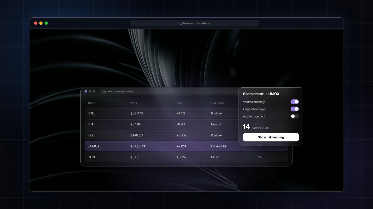 Trending coins table mock-up with sentiment and trust score columns and a scam-check panel