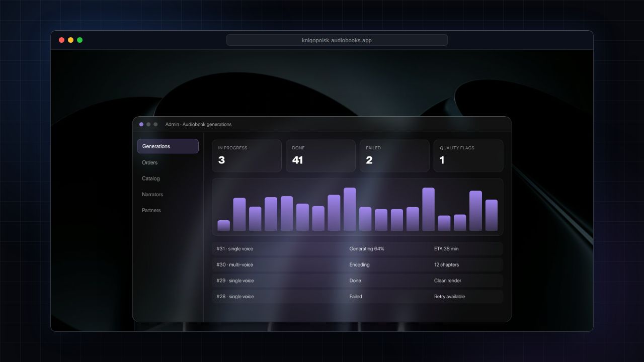 Admin dashboard mock-up listing audiobook generations with status, progress and quality flags