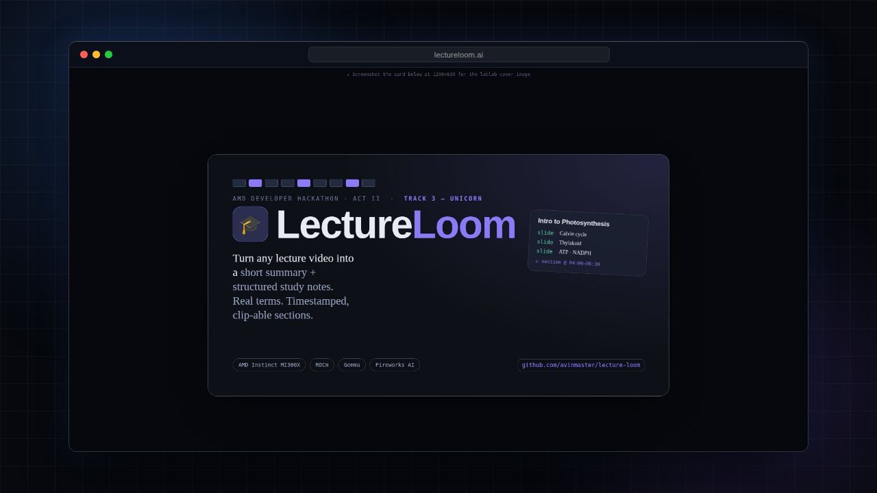 Terminal running a LectureLoom job that turns a lecture video into timestamped study notes