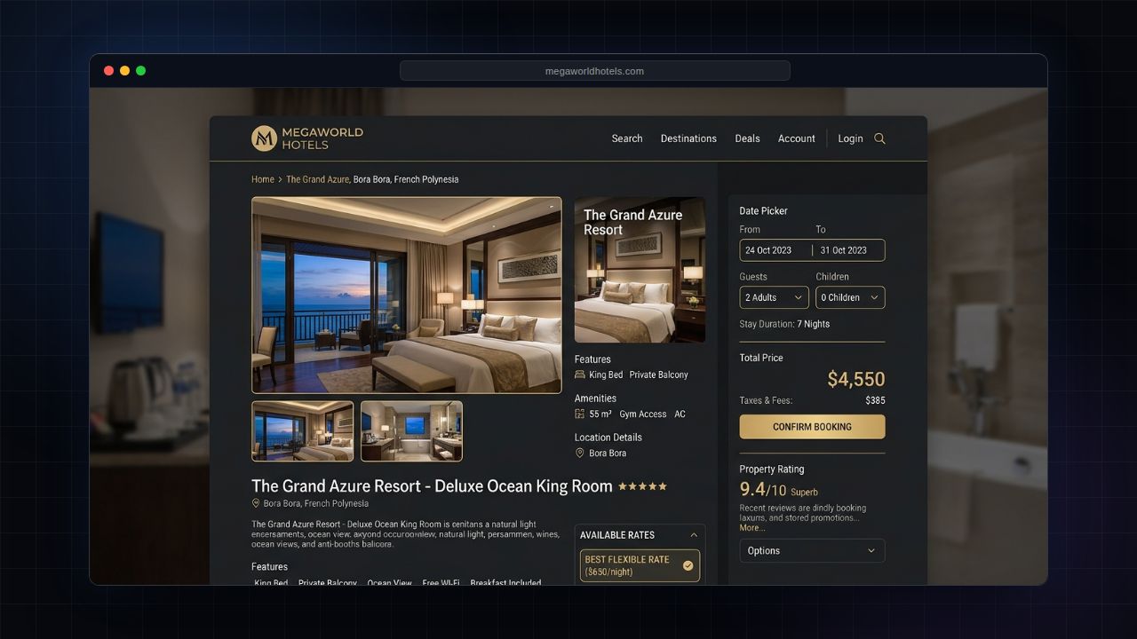Hotel booking mockup: room types with guests, board and rates beside a checkout panel with language options